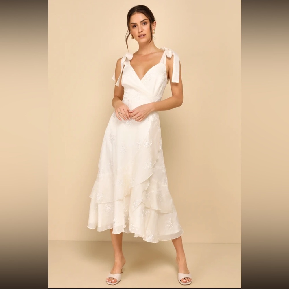 Lulus Embroidered Ruffled Tie-Strap straps
Midi Dress Ivory beige creme xl - Picture 4 of 5